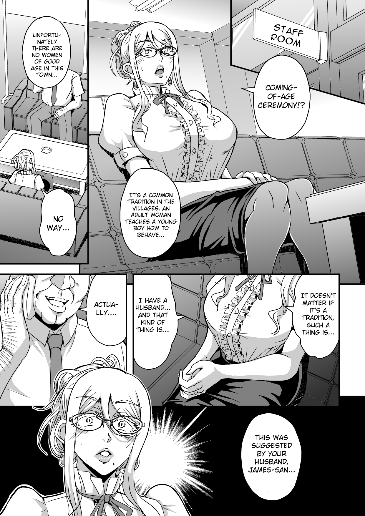 Bakunyuu Hitozuma Kinpatsu Gaikokujin Jokyoushi ga Mura no Inshuu de Kasshoku Shota no Fudeoroshi o Suru Hanashi Chapter 1 - page 4
