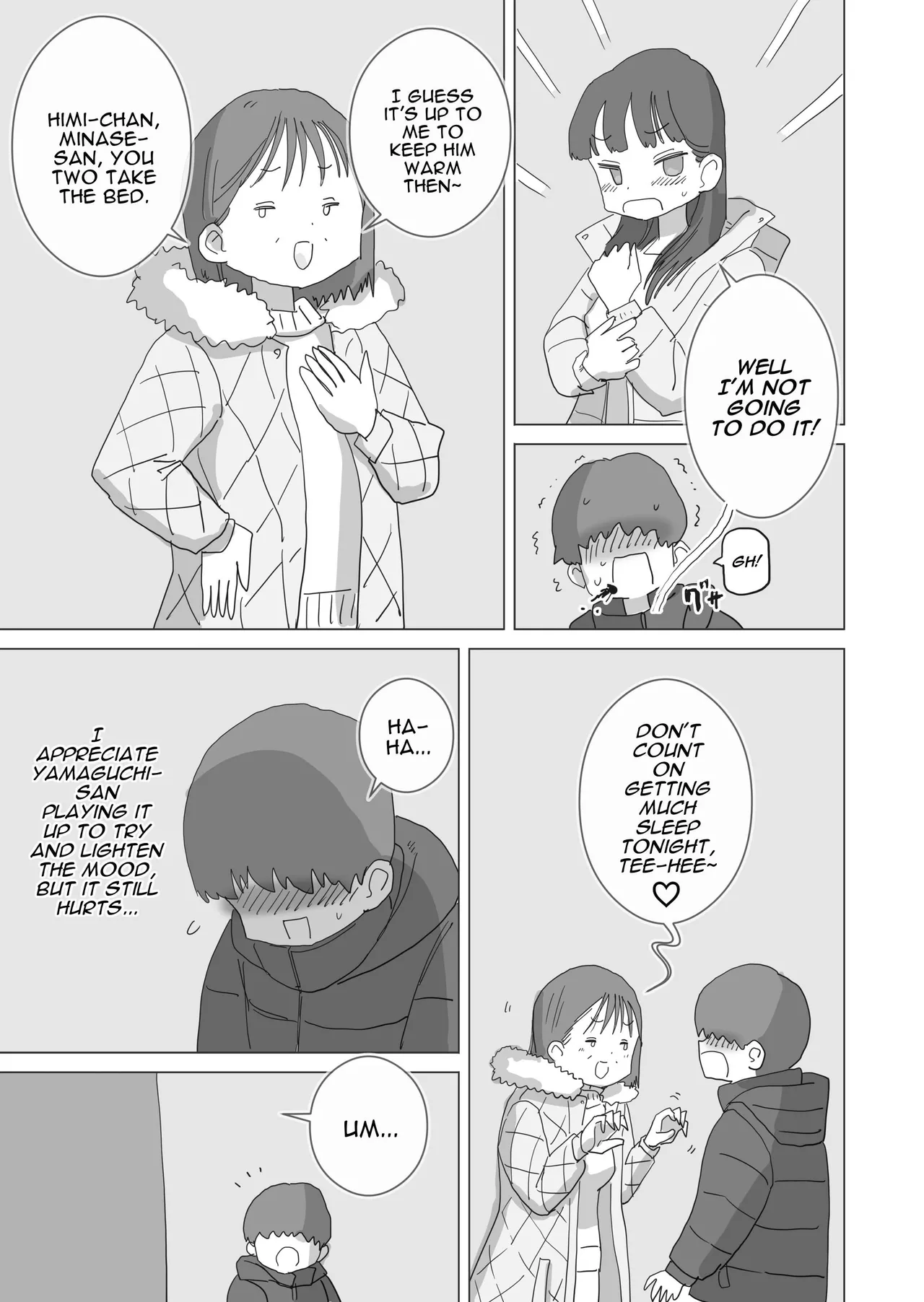 Aru Ooyuki no Tsumetai Yoru Boku no Ie no Futon no Naka de Beit-saki no Onnanoko-tachi ga Naisho de Micchaku Atatame Ecchi Shite Kureta Chapter 1 - page 12