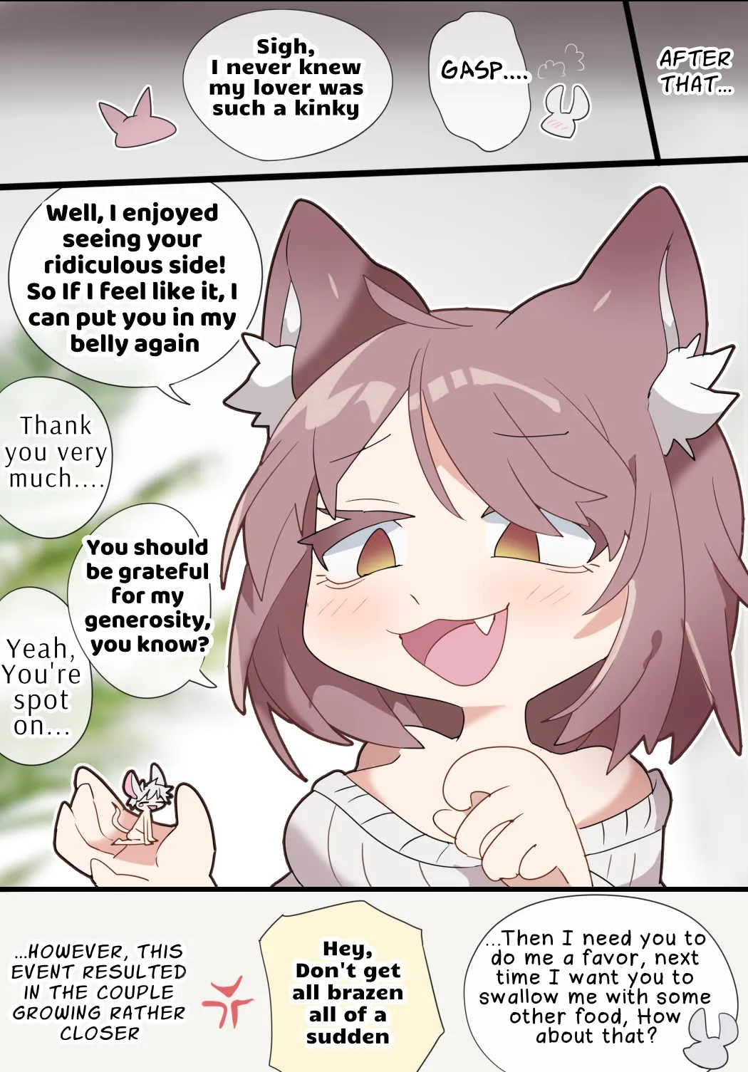 A vore manga of a giant girl with animal ears swallowing her tiny lover whole while cursing him Chapter 1 - page 5