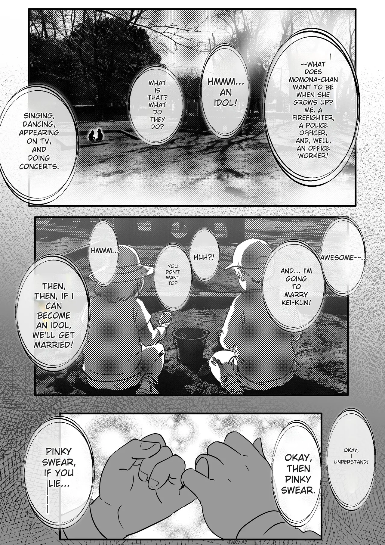 A story about Momona, an aspiring idol who was supposed to end up with her childhood friend, but becomes an older man’s mistress. Chapter 1 - page 3